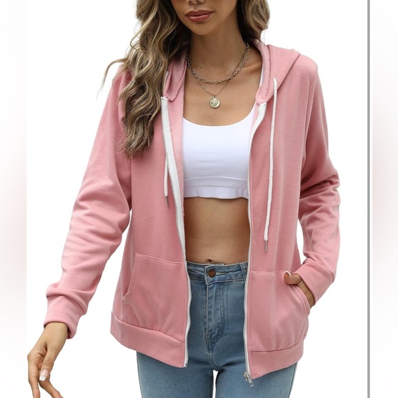 Tops - Women's Pink XL Fashion Hoodie Drawstring Sweater Zip Up